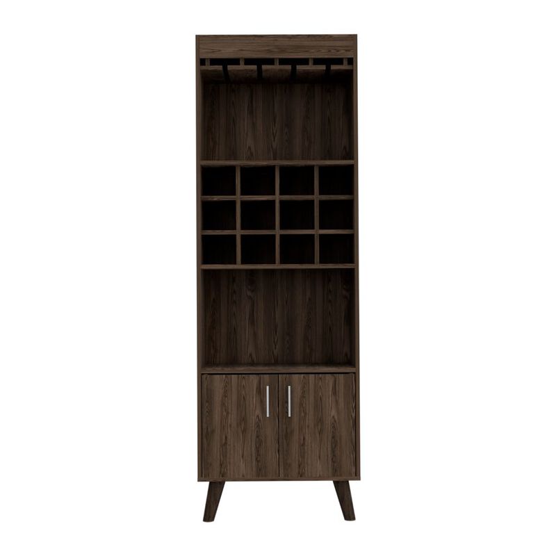 Oslo Bar Cabinet, Twelve Built-in Wine Rack, Double Door Cabinet, Two Shelves -Dark Walnut
