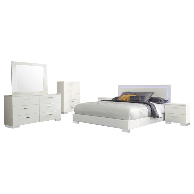 Sok 6pc King Bedroom Set, Faux Leather Upholstery, High Gloss White