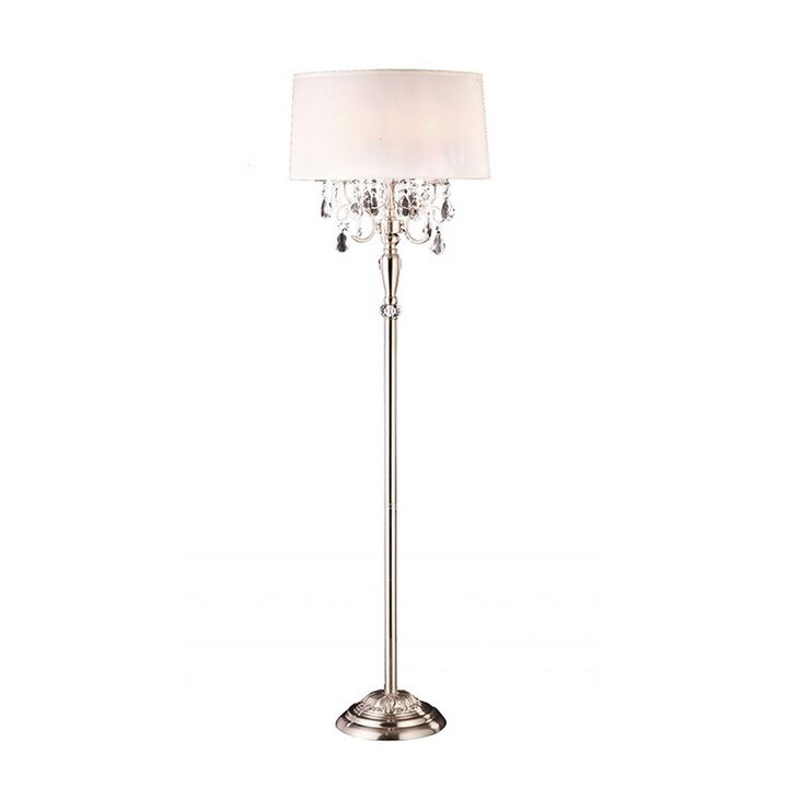 Stalk Design Metal Floor Lamp with Hanging Crystal Accent, Silver-Benzara
