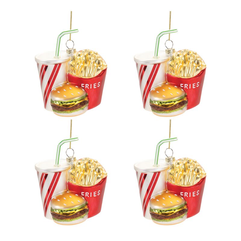 Fast Food Meal Glass Ornaments (Set of 4) – Burger and Fries Christmas Tree Hanging Decorations, Retro Holiday Style