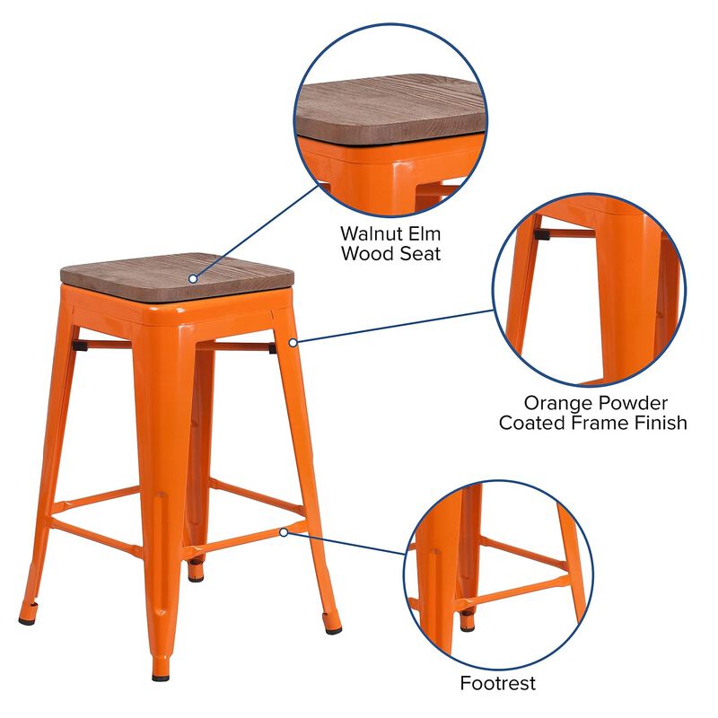 Flash Furniture Lily 24" High Backless Orange Metal Counter Height Stool with Square Wood Seat