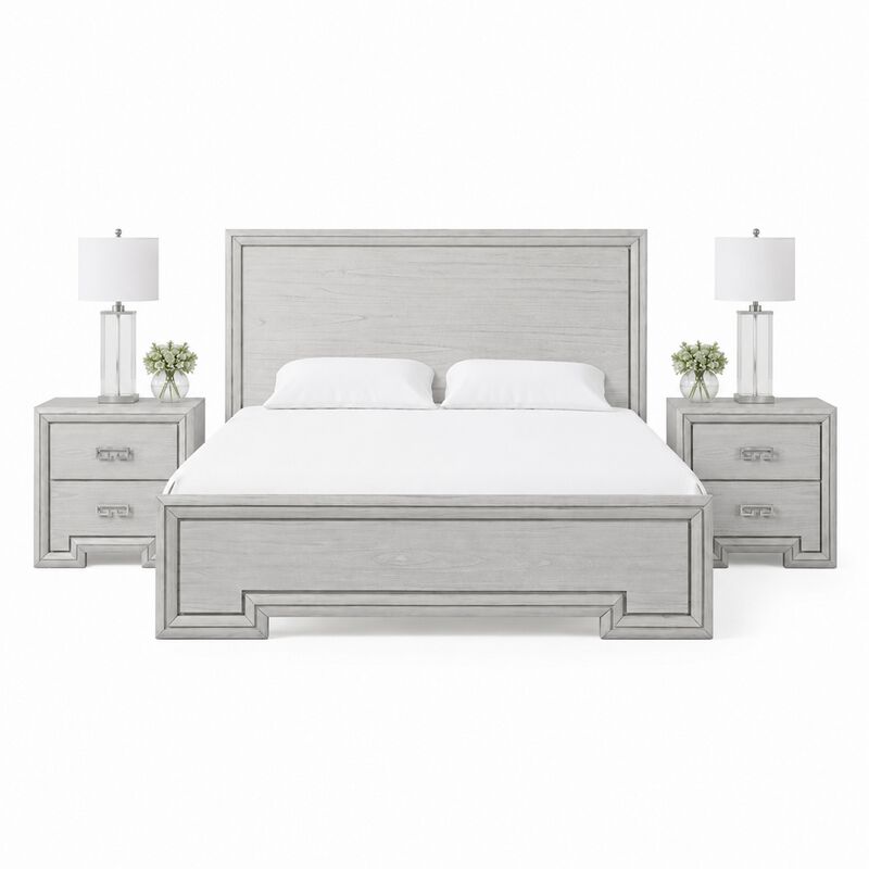 Queen Bedroom Set, White, Nickel Wood, 3 Piece Set with 2 Nightstands image number 0