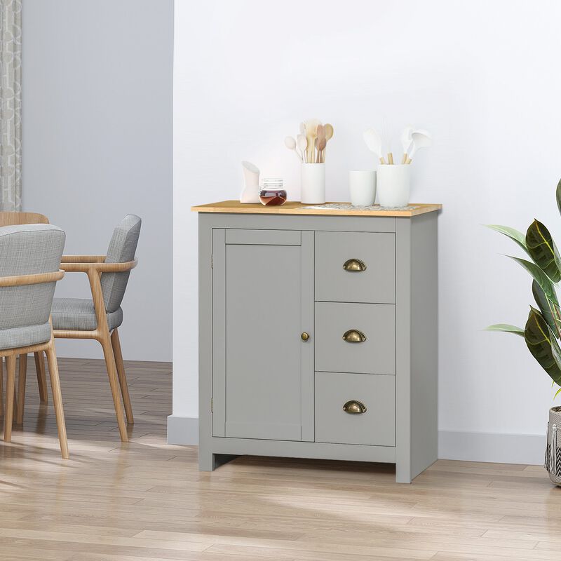 Gray Modern Buffet: Storage Cabinet with Rubberwood Top and Drawers
