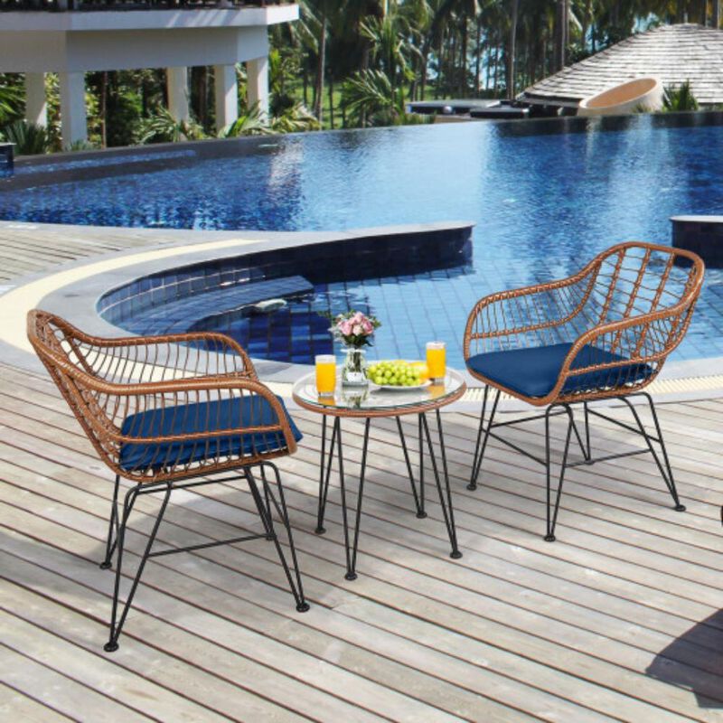 Patio Bistro Set &ndash; 3-Piece Rattan Furniture Set with Cushioned Seats & Coffee Table