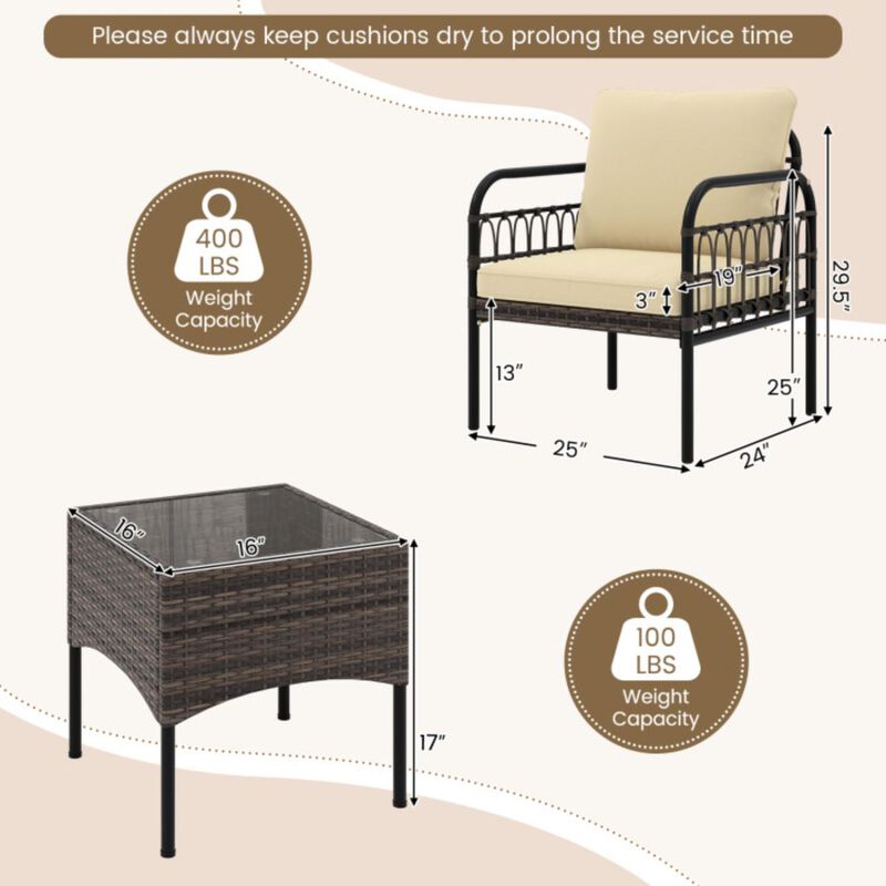 Hivvago 3 Pieces Patio Wicker Conversation Set with Cushions and Tempered Glass Coffee Table