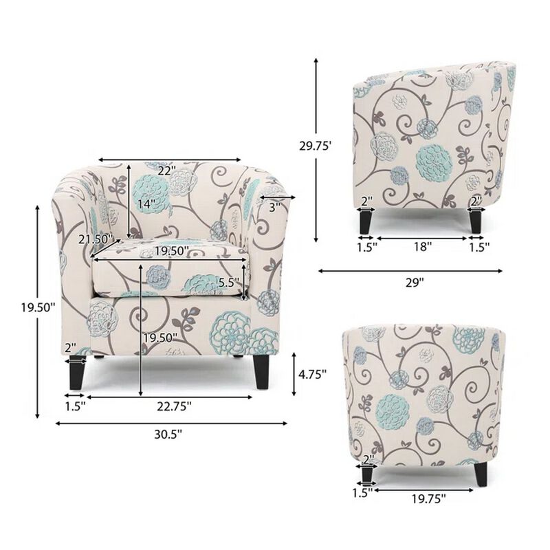 Accent Club Chair, Round Arms, Cream Blue Fabric Floral Details, Birch Wood