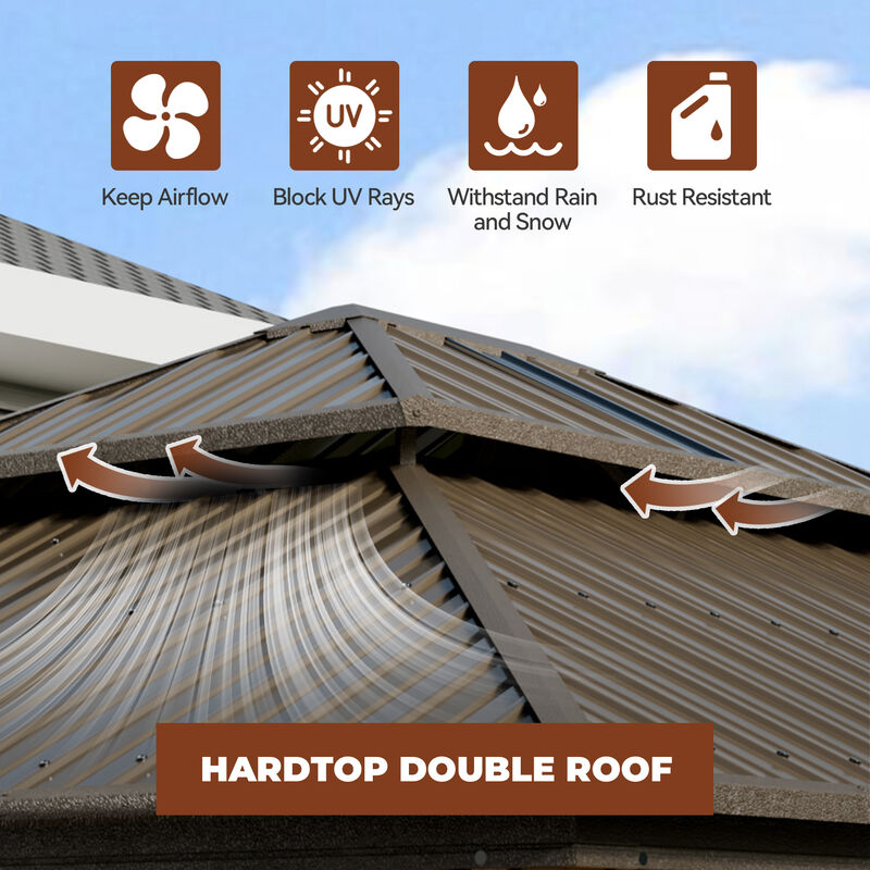 Mondawe 12 ft. x 14 ft. Brown Cedar Wood Frame Hardtop Gazebo with Galvanized Steel Double Roof, Curtains and Netting