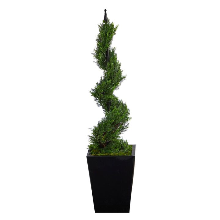 Nearly Natural 44-in Cypress Spiral Artificial Tree in Black Metal Planter