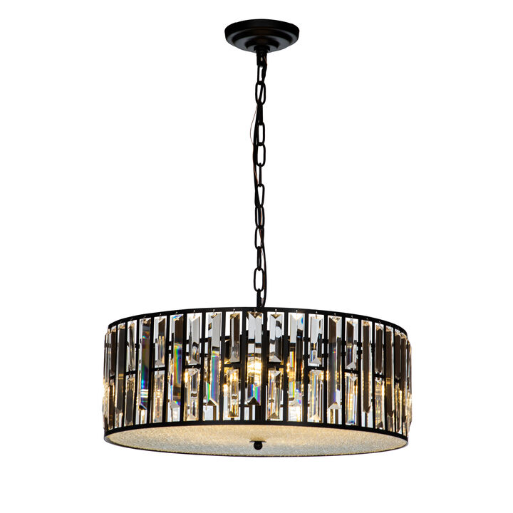 6-Light Black Mondern Farmhouse Lantern Drum Chandeliers With Crystal Accents