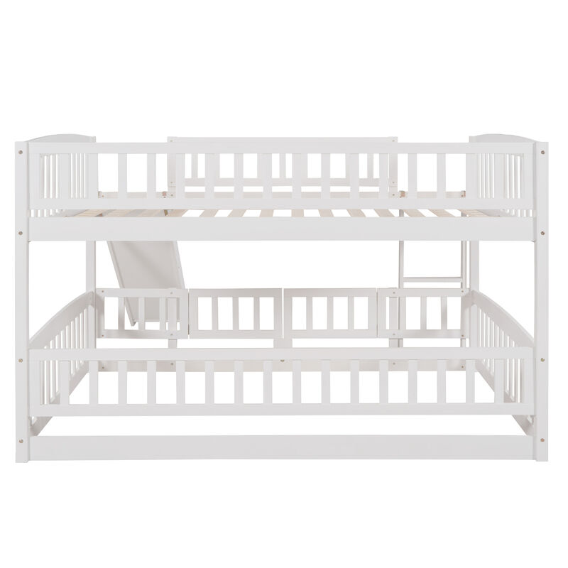 Bunk Bed with Slide, Full Over Full Low Bunk Bed with Fence and Ladder for Toddler Kids Teens White