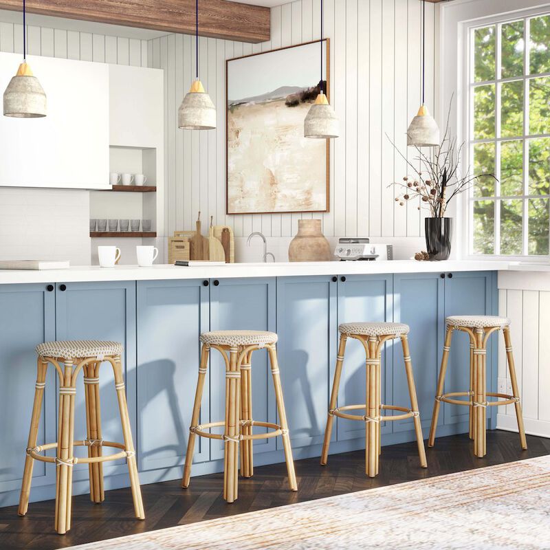 Butler Specialty Tobias Round Rattan 30 Bar Stool, White and Tan Dot