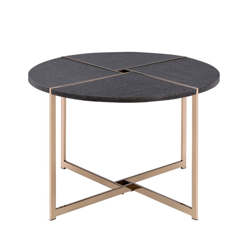 Coffee Table with X Shaped Metal Base and Round Wooden Top, Gold and Gray-Benzara