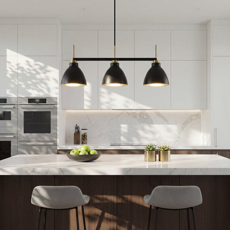Three-Light Linear Kitchen Island Light, Black and Gold Dome Shades image number 3