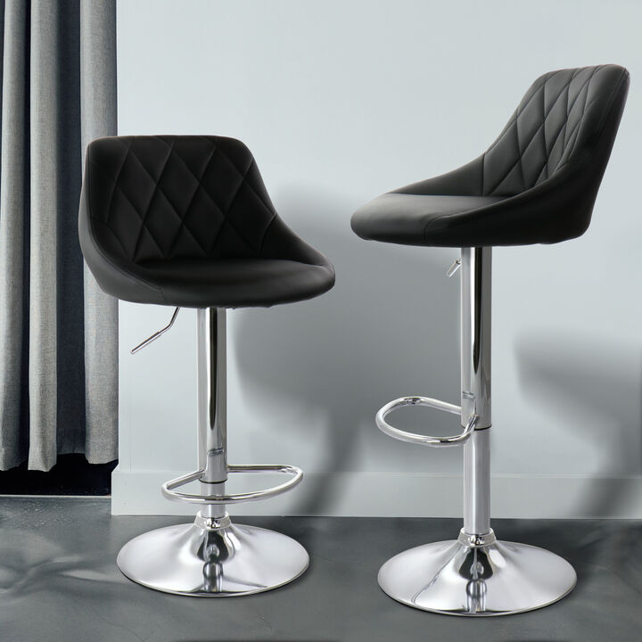 Elama 2 Piece Diamond Stitched Faux Leather Bar Stool in Black with Chrome Base and Adjustable Height