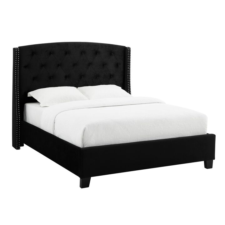 Benjara James King Size Bed, Platform Style, Button Tufted Black Velvet Upholstery