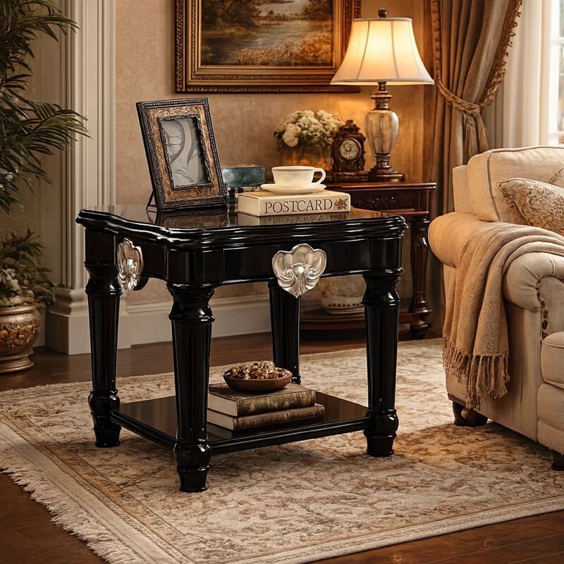Wooden End Table With Contrast Carved Motif Turned Legs, Black image number 6