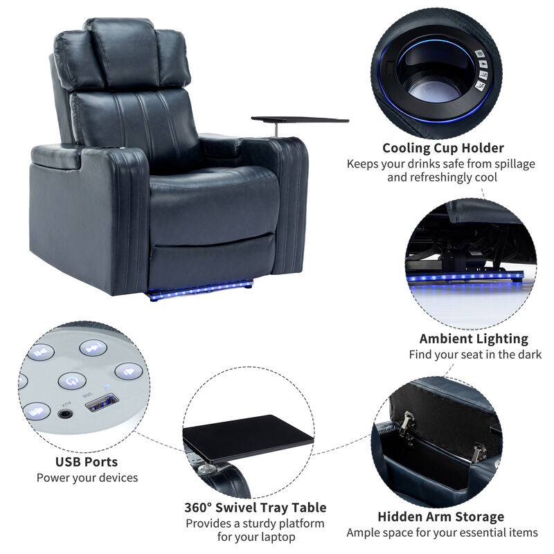 Whisen PU Leather Power Recliner with Cup Holder, Bluetooth Speaker, LED Lights, USB Ports, Tray Table and Arm Storage