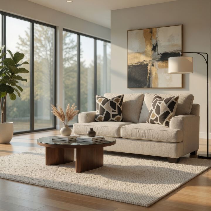 Burgess Loveseat, Quartz Beige Polyester, 2 Throw Pillows, 70 Inch