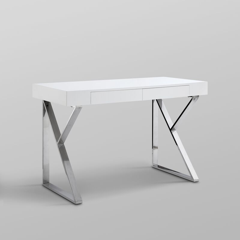 Inspired Home Octavia High Gloss Desk with Polished Stainless Steel Base