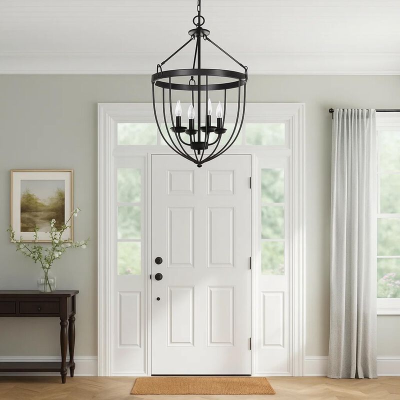 Chandelier with Metal Bird Cage Pendulum Design, Black - Benzara image number 6