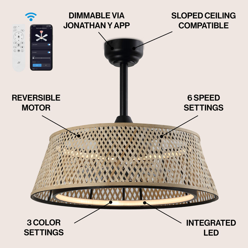 Cressida Traditional Bohemian 6-Speed Metal Bamboo Mobile-App Remote-Controlled Height-Adjustable Dimmable Caged Integrated LED Ceiling Fan