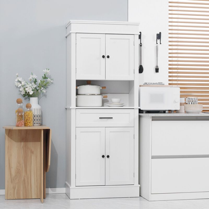 White Kitchen Storage: 72" Tall Freestanding Hutch with Shelving & Drawer