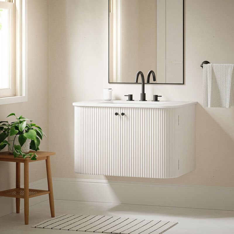 Modway Zia 30 Inch Wall-Mount Bathroom Vanity in Ivory with Marble Sink Basin - Floating Bathroom Cabinet with Fluted Design image number 9