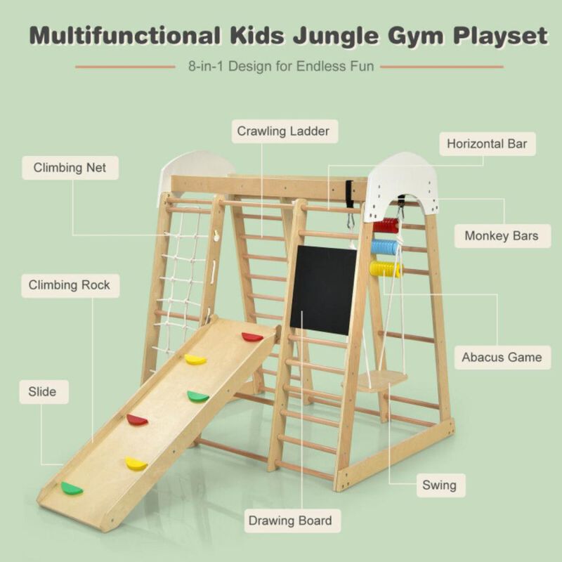 Hivvago Indoor Playground Climbing Gym Wooden 8-in-1 Climber Playset for Children