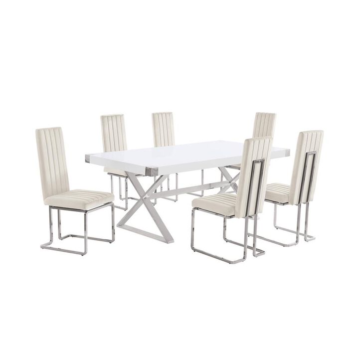 Best Quality Furniture 7pc Small(78) white wood top dining set with silver base and 6 chairs