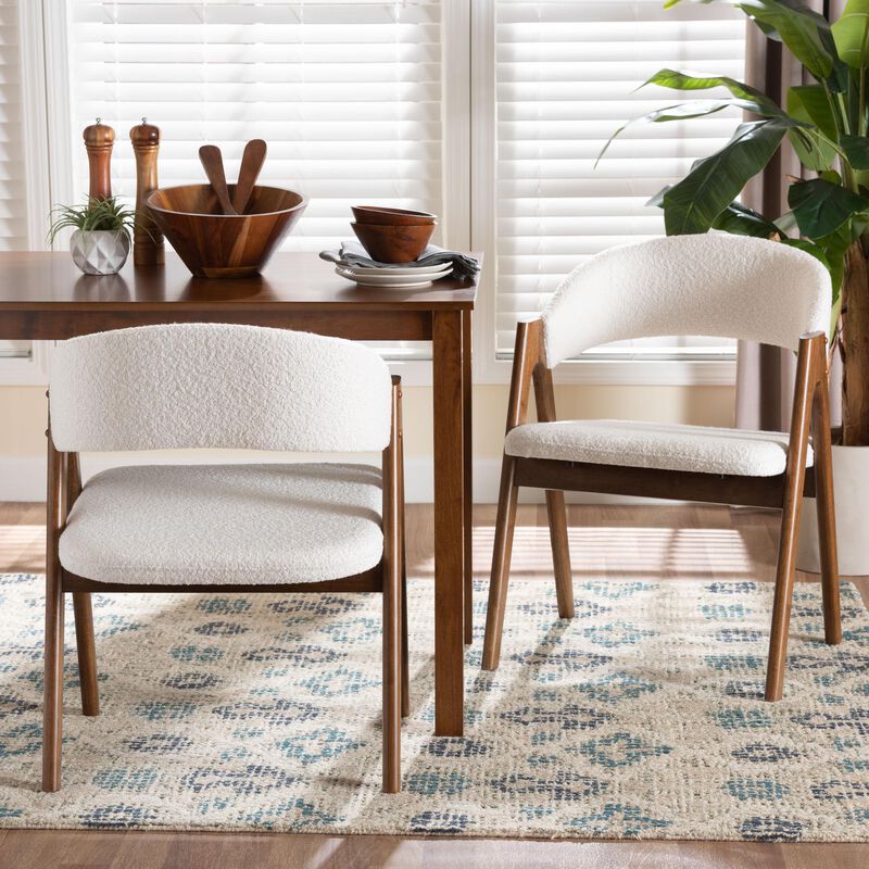 Baxton Studio Virden Boucle Upholstered Dining Chair Set of 2- Mid-Century Modern Armchair with Solid Wood Frame and Curved Open-Back Design, Walnut Brown and White