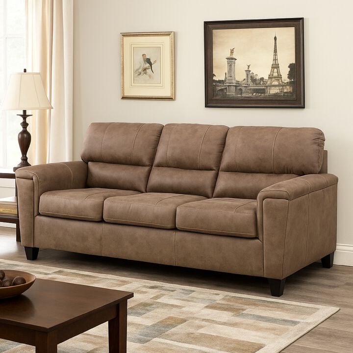 Nav Sofa, Fossil Brown Faux Leather, Plush Foam Cushions, 89 Inch