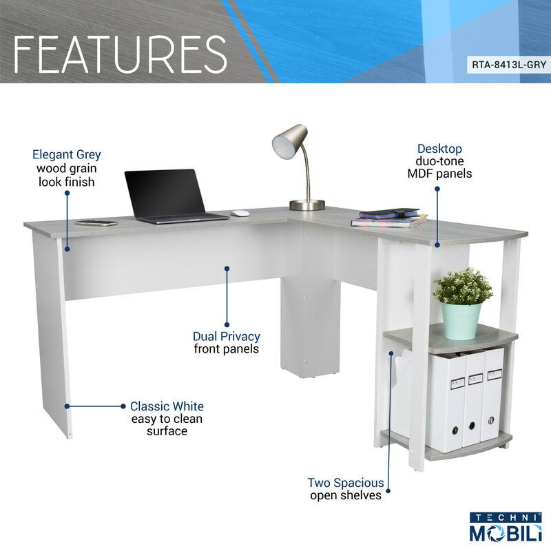 Modern L-Shaped Desk with Side Shelves, Grey image number 8
