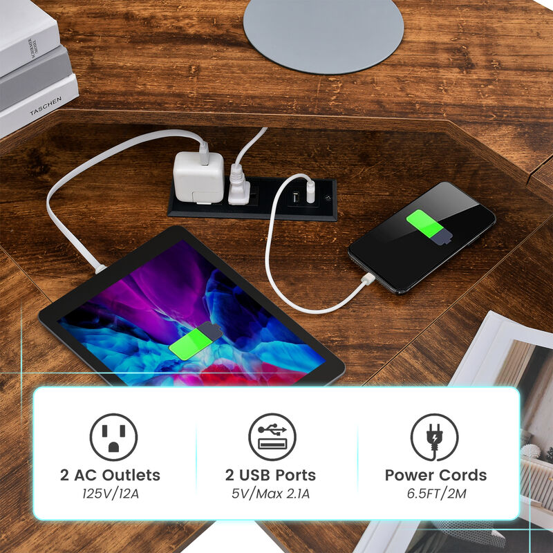 L-shaped Computer Desk with Power Outlet and Monitor Stand