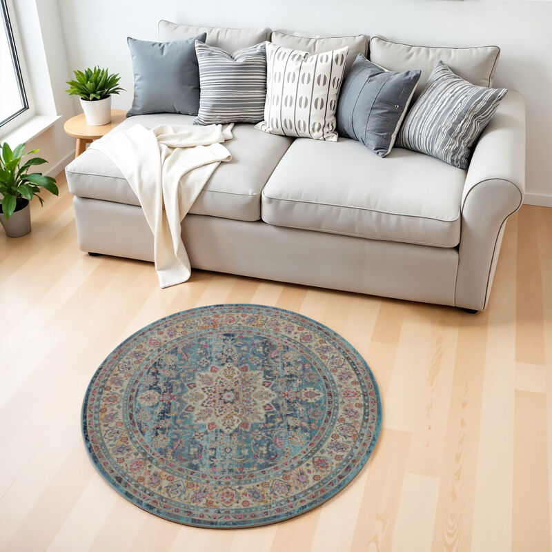 HomeRoots Floral Distressed Round Rug image number 1