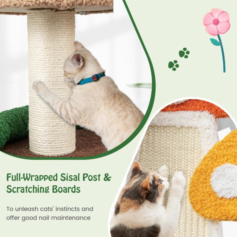 Hivvago 4-In-1 Mushroom Cat Tree with Condo Spring Ball and Sisal Posts-Multicolor