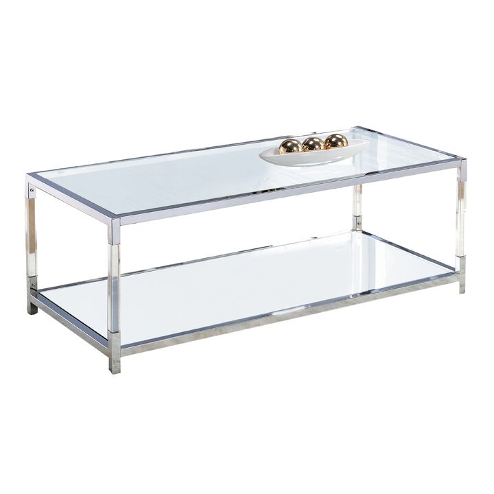 Glass Top Metal Coffee Table with Open Bottom Shelf, Silver and Clear