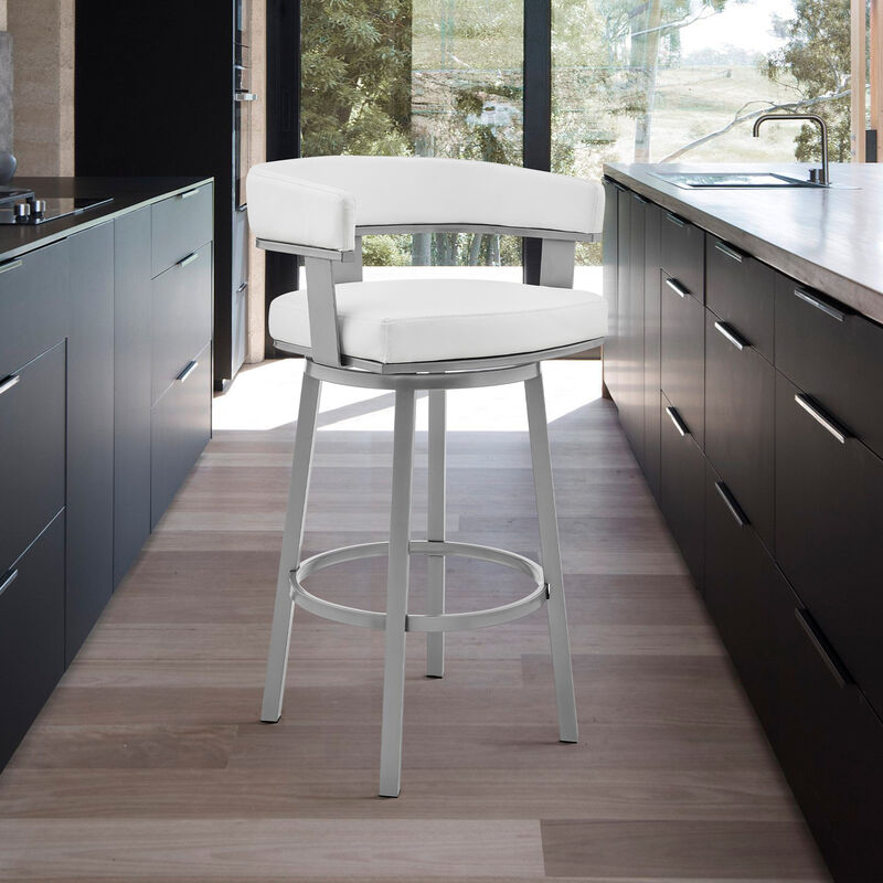 Cohen Bar Height Swivel Bar Stool in Silver Finish with White Faux Leather