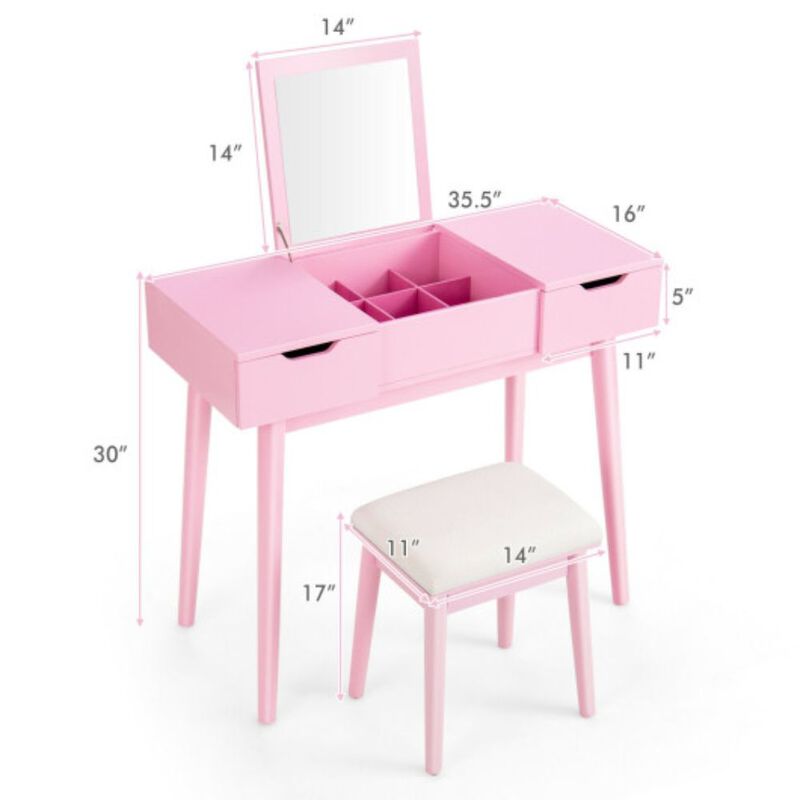Makeup Vanity Table Set with Flip Top Mirror and 2 Drawers, Pink