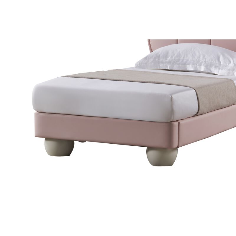Jeny Queen Size Bed, Pink Leather Upholstered Tufted Headboard, Wood - Benzara