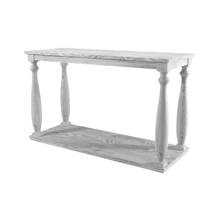 Plank Top Sofa Table with Open Shelf and Turned Legs, Antique White-Benzara