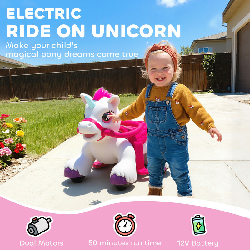 BreeBe 12V Unicorn Ride on Horse with Carrot Toy, Comb, Animal Sounds image number 3
