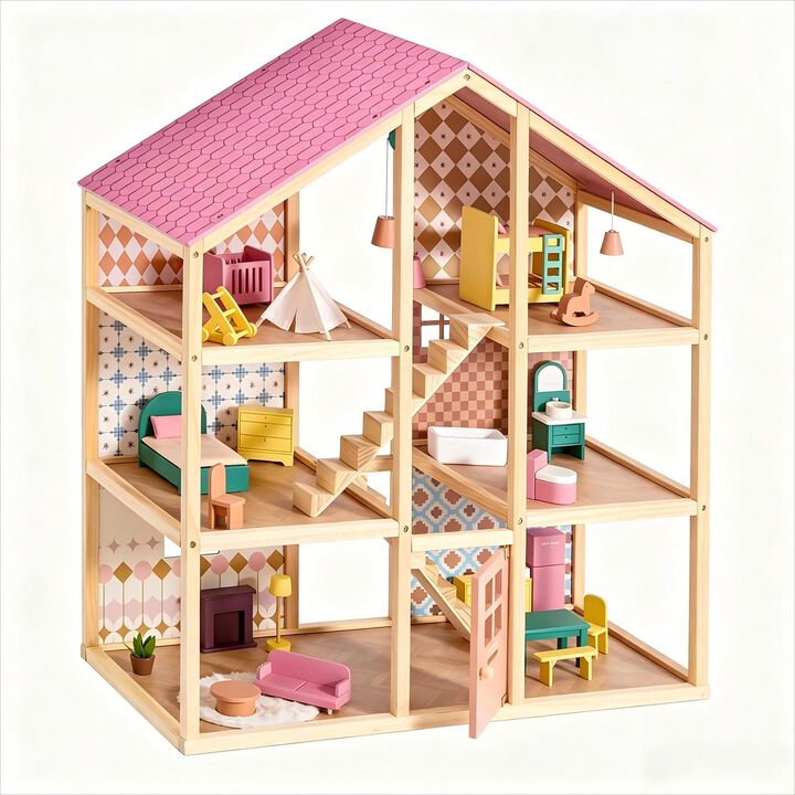 Wooden Dollhouse - 6 Rooms Wooden Doll House, DIY Pretend Doll House with 31Pcs Furniture Accessories, Creative Gift for Girl