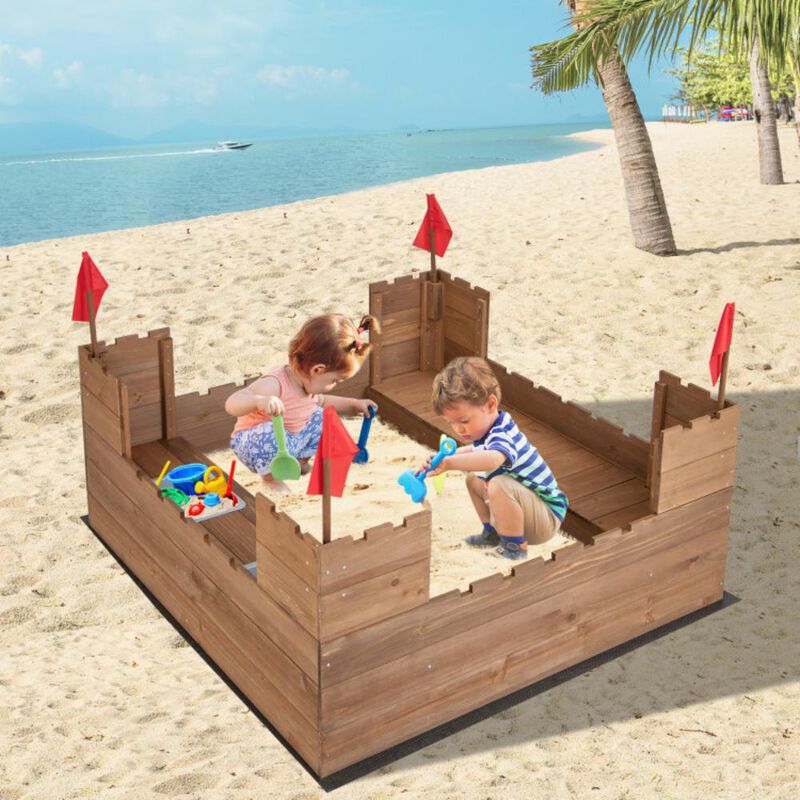 Hivvago Kids Wooden Sandbox with Bottom Liner and Red Flags