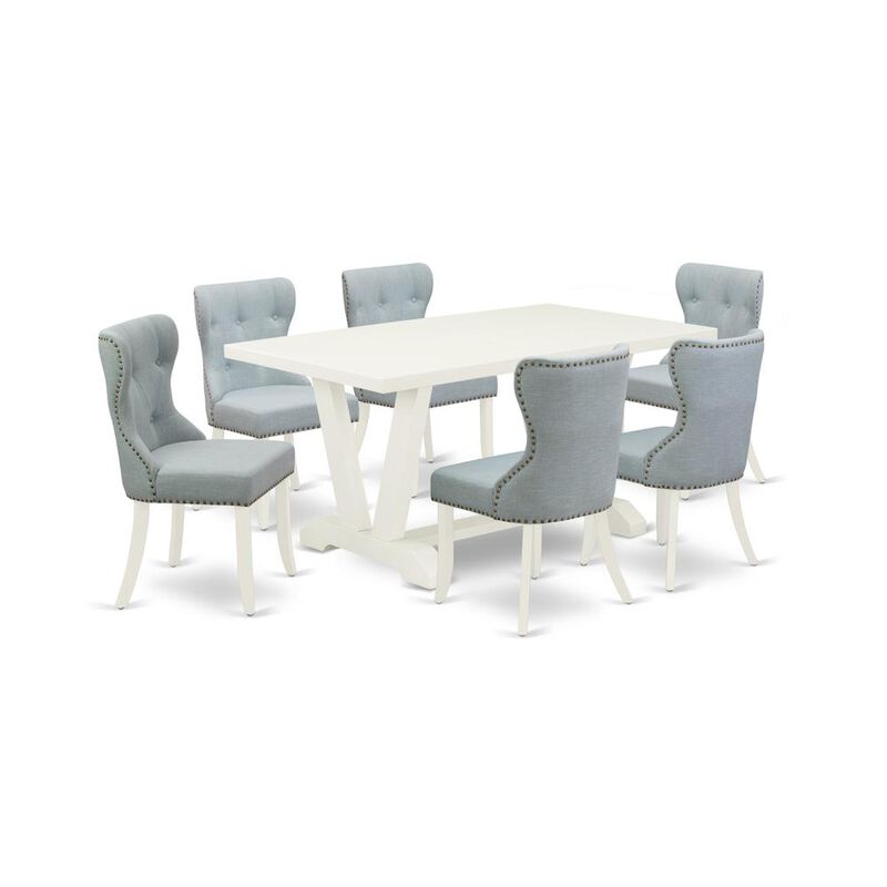 East West Furniture V026SI215-7 7-Pc Modern Dining Set- 6 Upholstered Dining Chairs with Baby Blue Linen Fabric Seat and Button Tufted Chair Back - Rectangular Table Top & Wooden Legs - Linen White Fi