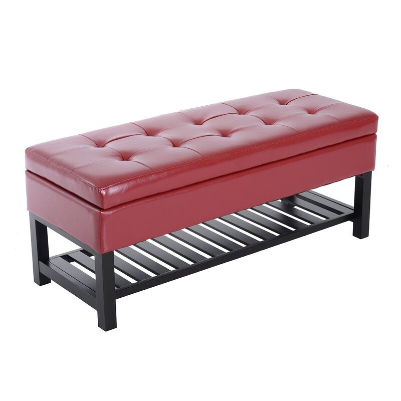 Bold Storage Solution: 44" Crimson Faux Leather Tufted Ottoman Bench