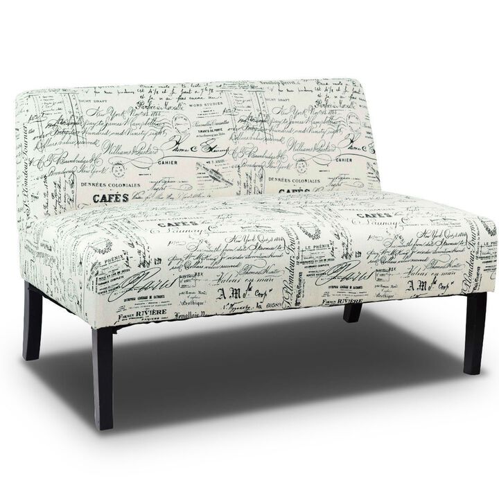 Hivvago Modern Loveseat Sofa with Off-White Cursive Pattern Upholstery and Black Wood Legs