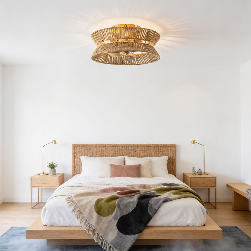 17.7" Bohemian Hemp Rope Antique Gold Caged Ceiling Fan with Light and Remote image number 2