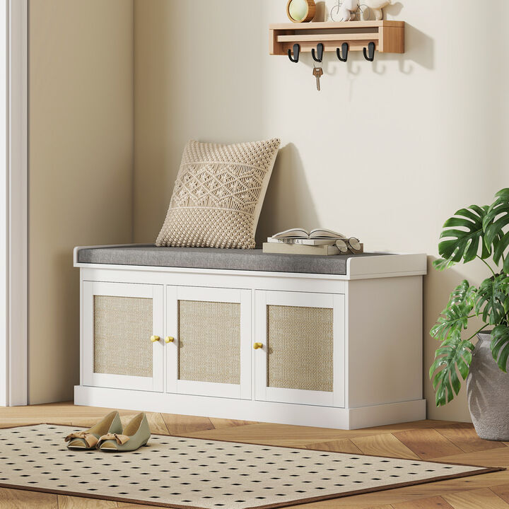 Hivvago Entryway Shoe Bench with Woven Doors and Shelves