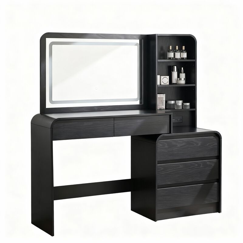 50" Vanity Desk with 35.4" LED Mirror, 3 Lights, 5 Drawers & Charging Station image number 0