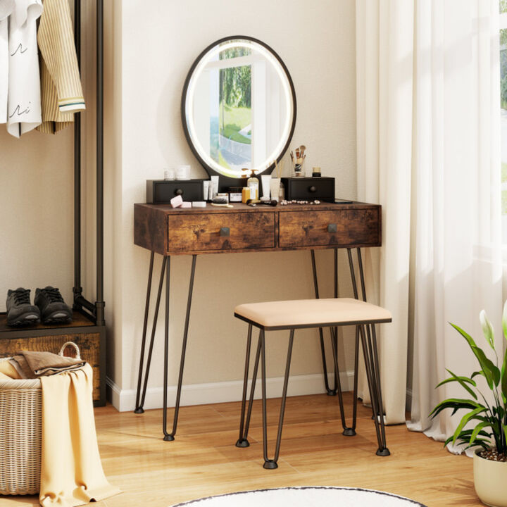 Vanity Table Set with 3-Color Lighted Dimmable Mirror